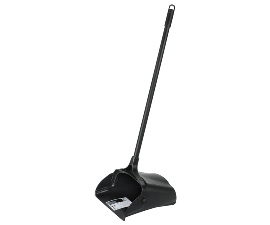 A black dustpan with a long handle and a hinged lid for collecting debris. Rubbermaid® Executive Series™ Lobby Pro® Dustpan with Long Handle (11.3 in. x 5 in. x 12.8 in., 6/Case)